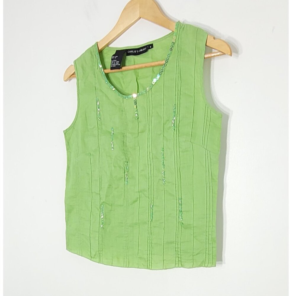 Carlie's Court Women's Green 100% Linen Sleeveless Scoop Neck Lightweight Top S - Picture 3 of 11